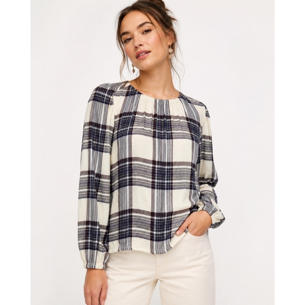 Cloth & Stone Anthropologie Plaid Long Sleeve Rayon Blouse Navy Purple XS